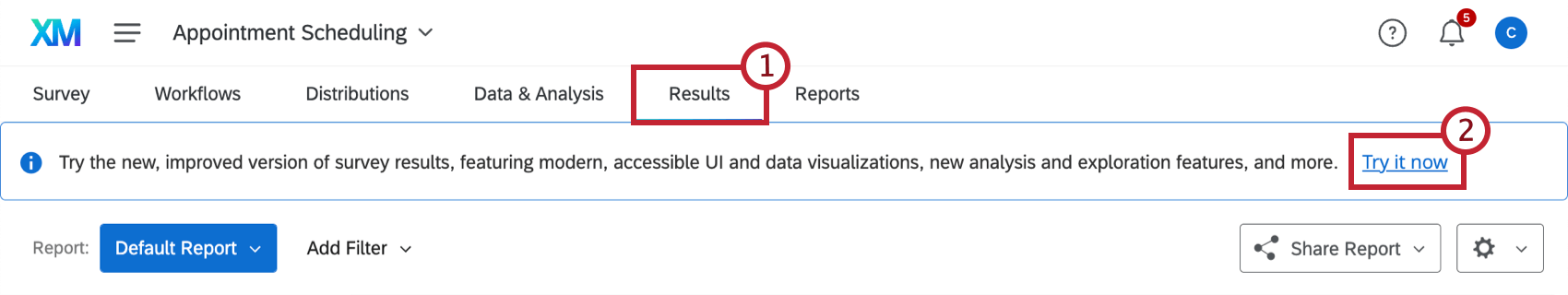 accessibilità ai dashboard dei risultati dal banner Prova ora nei Rapporti sui risultati