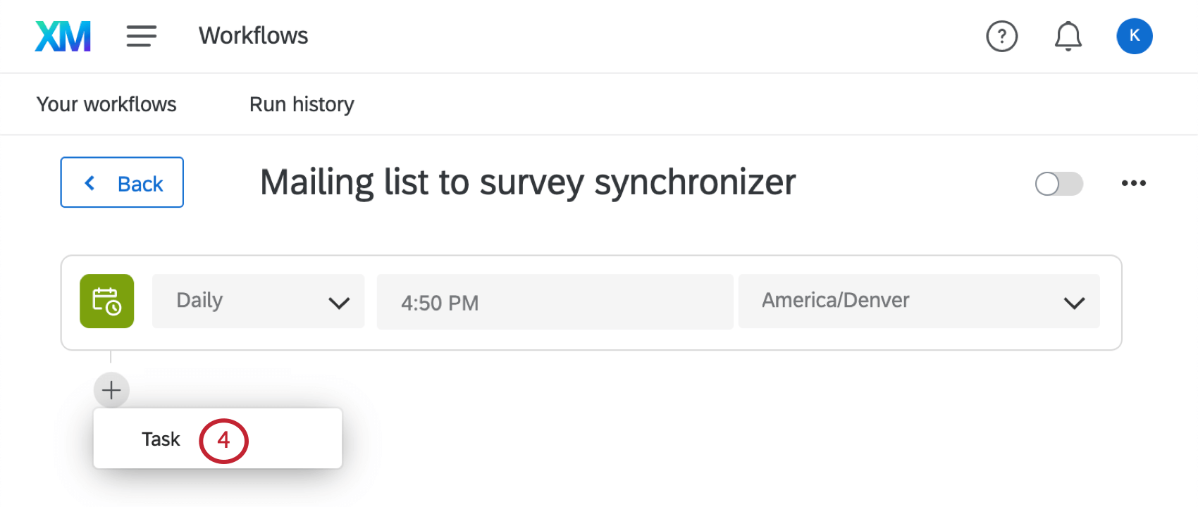 Add task button bottom of a workflow