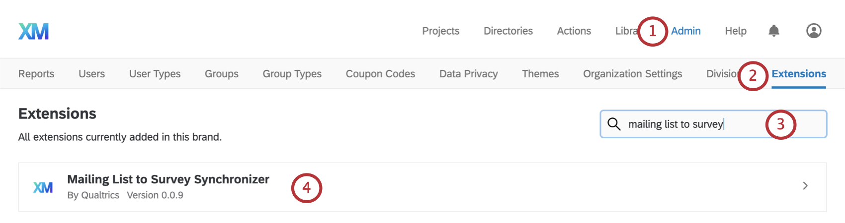 In admin page, slected Extensions along the top (one of last top bar navigation options), use search bar to find mailing list to survey synchronizer