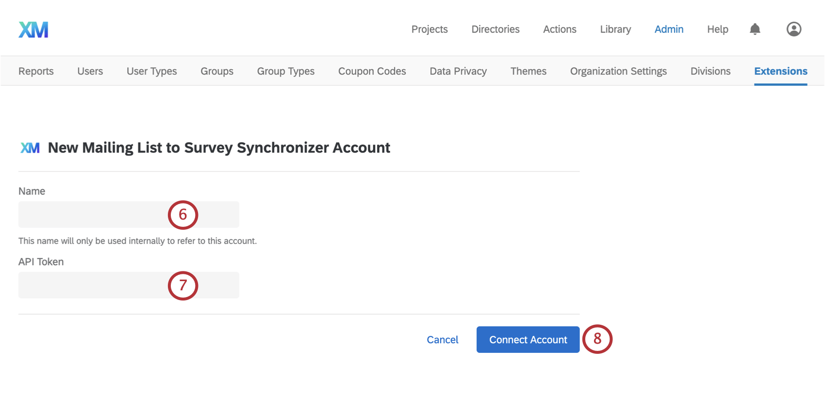 Two fields for account name and API key, blue connect account button bottom-right