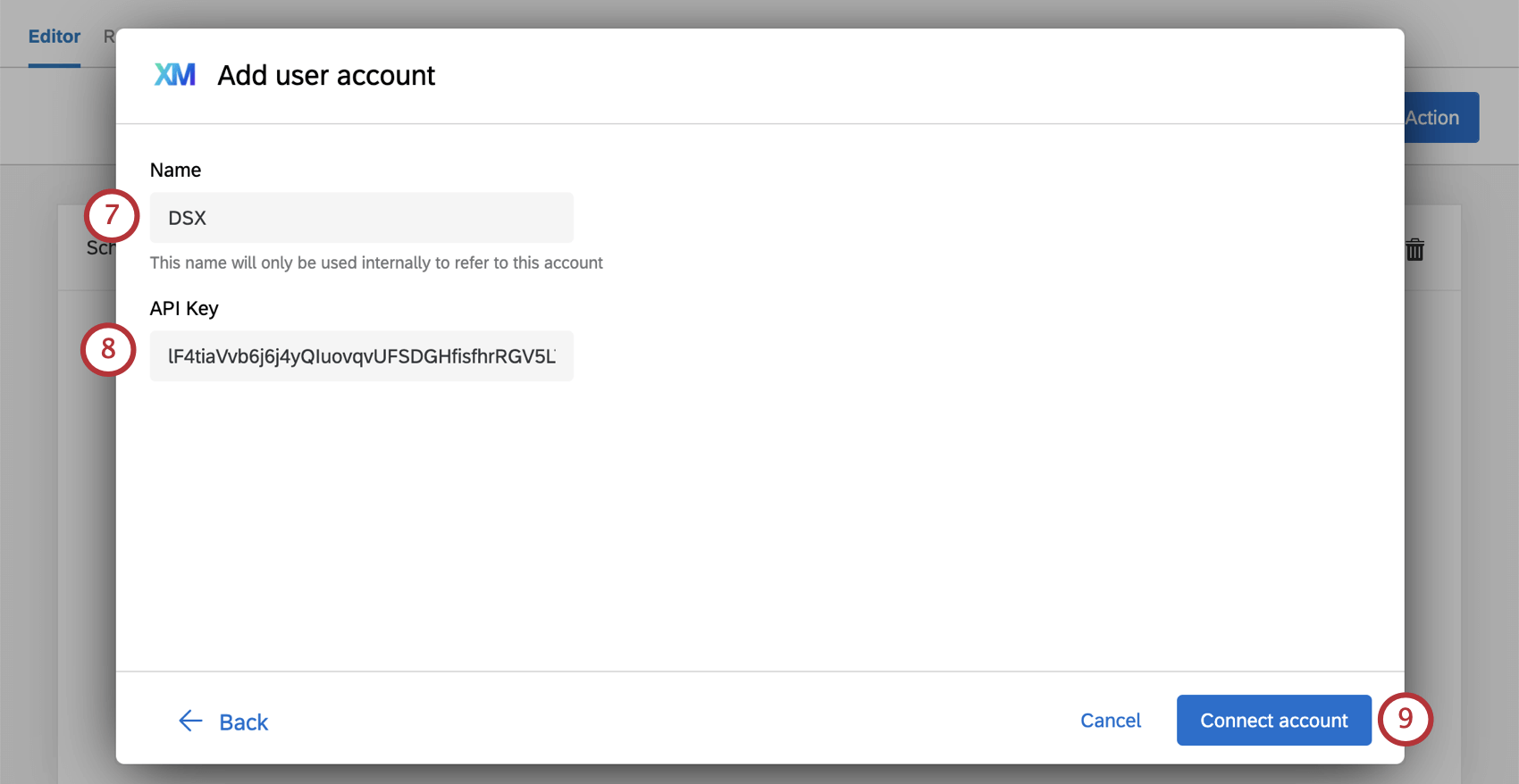 Fields for account name and API key