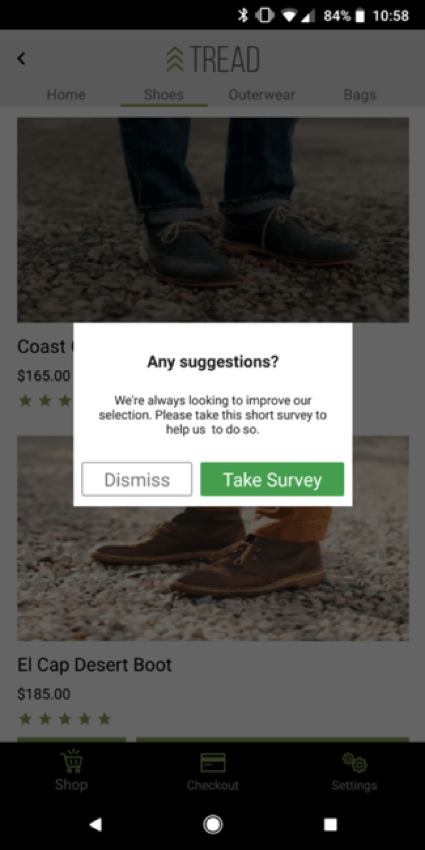 Ein Pop Over in einer mobilen App für die gefälschte Firma Tread