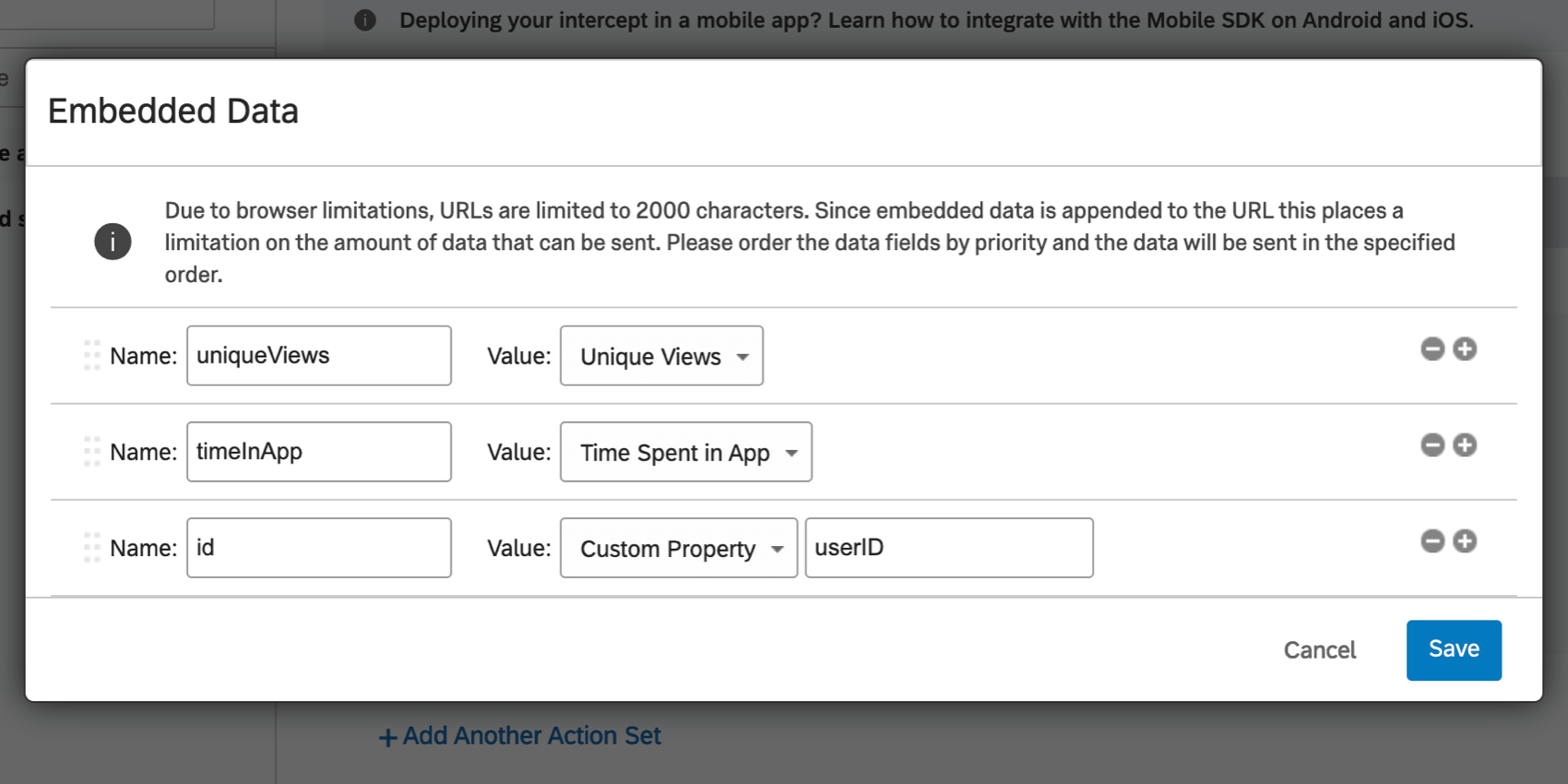 Embedded Data for unique views, time spent in app, and a custom property