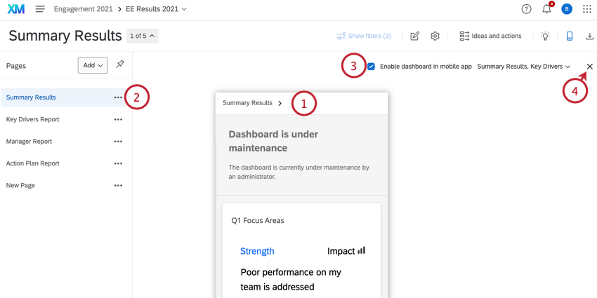 prévisualisation de la vue mobile du tableau de bord