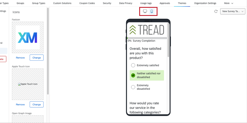 Mobile selezionato dallicona in alto, che mostra il tema su un sondaggio in un iphone o android