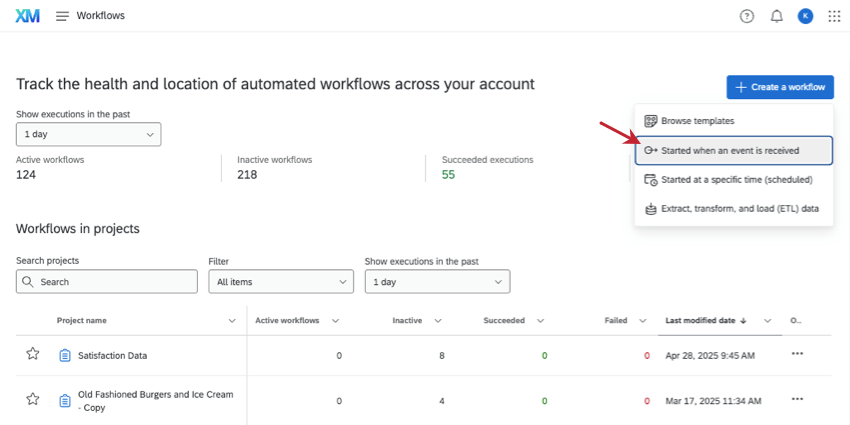 creating an event-based workflow on the global workflows page