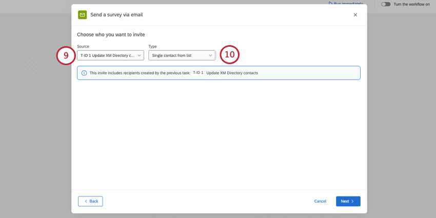 screenshot shows adjusting the recipient from a classic directory list or segment to a task-based ID