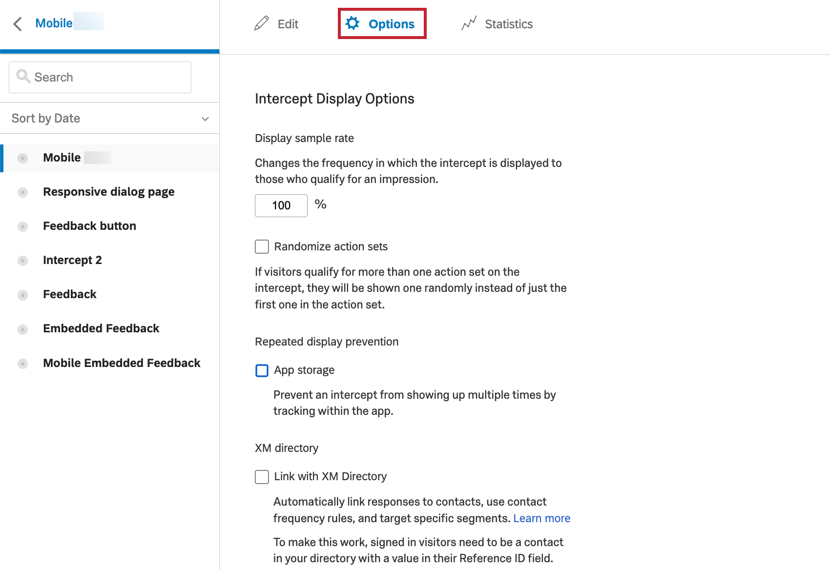 Sezione Opzioni della scheda Intercettazioni