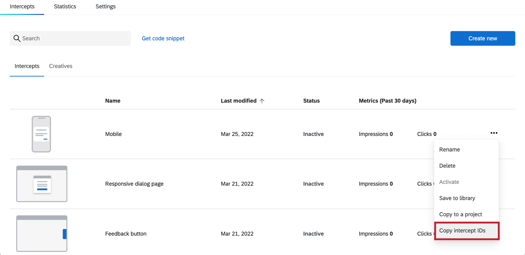 Registerkarte Intercepts, auf der das Dropdown-Menü in einem Intercept aufgeklappt ist