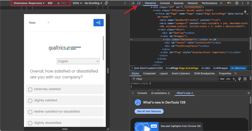 das Inspektionsfenster in Google Chrome. Das Desktop- und Mobil-Symbol ist hervorgehoben, ebenso wie die Dimensionskontrollen