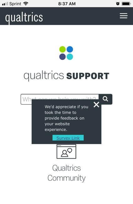 Un pop over su un sito mobile che chiede un feedback