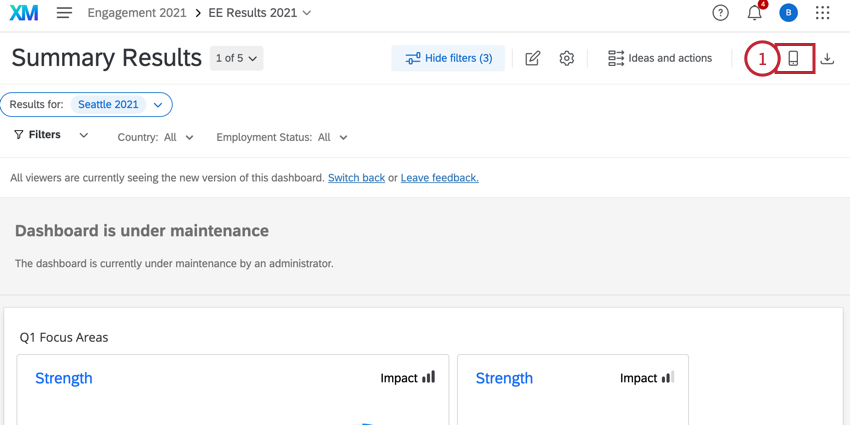il pulsante di anteprima mobile nella parte superiore di una dashboard