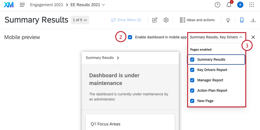 ダッシュボードをモバイル表示に対応させ、利用可能なページを選択する。