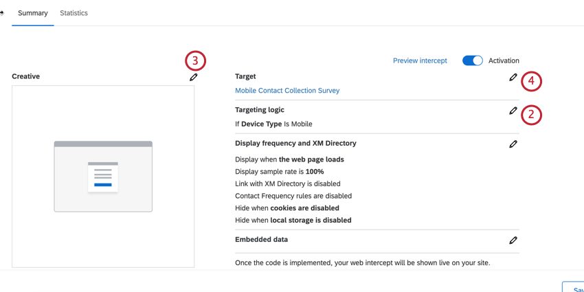 configuring out intercept to have the right logic, target, and creative