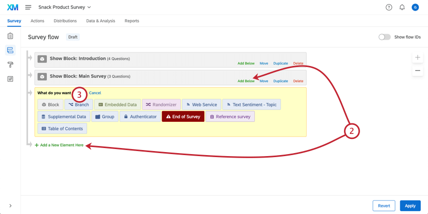Adding a new branch element in the survey flow
