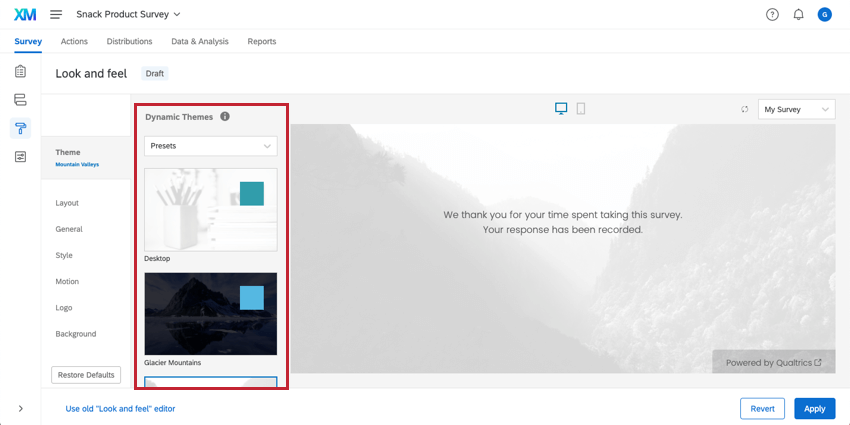 Selecting a dynamic theme from the Look and feel menu to optimize for mobile