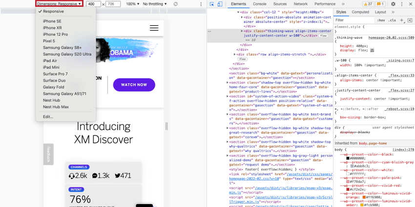 Dans la barre doutils "Toggle Device" des Outils du développeur, la liste déroulante est sélectionnée pour afficher toutes les tailles dappareils