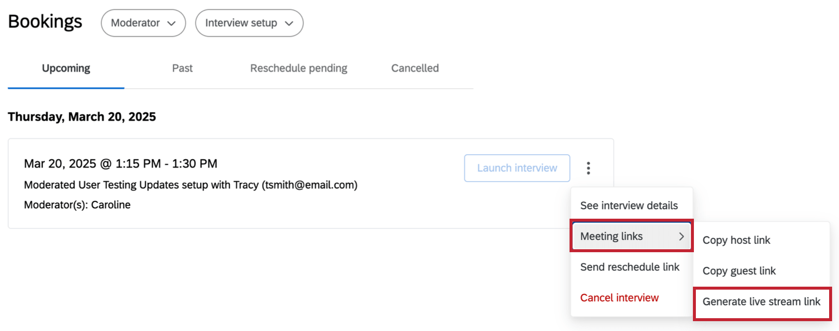 para gerar um link de transmissão ao vivo