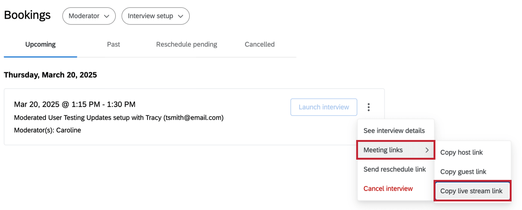 para copiar o link da transmissão ao vivo
