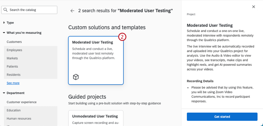 tipo di progetto di test utente moderato nel catalogo