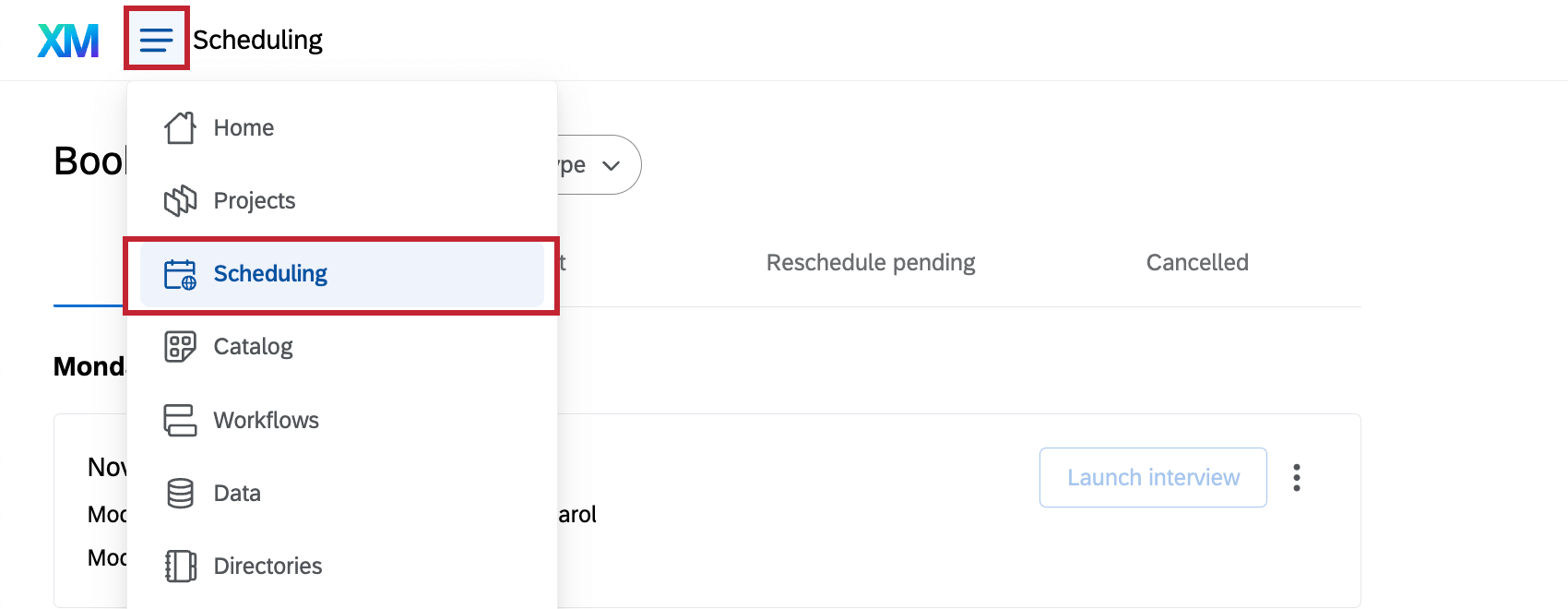 scheduling tab highlighted within the global navigation menu