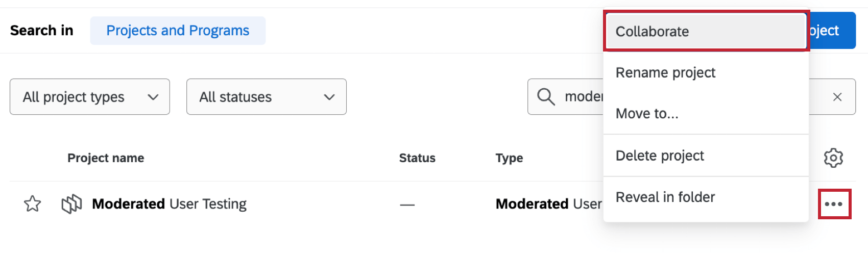 collaborate button within projects page
