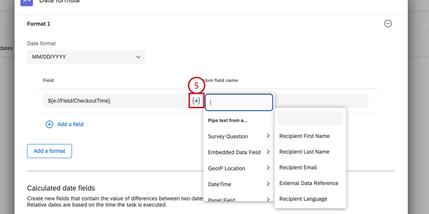 choosing the field to transform from the piped text menu