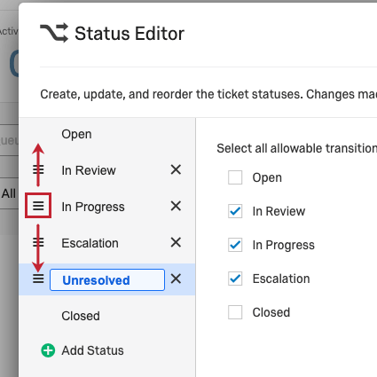 Reorder button highlighted with arrows showing movement