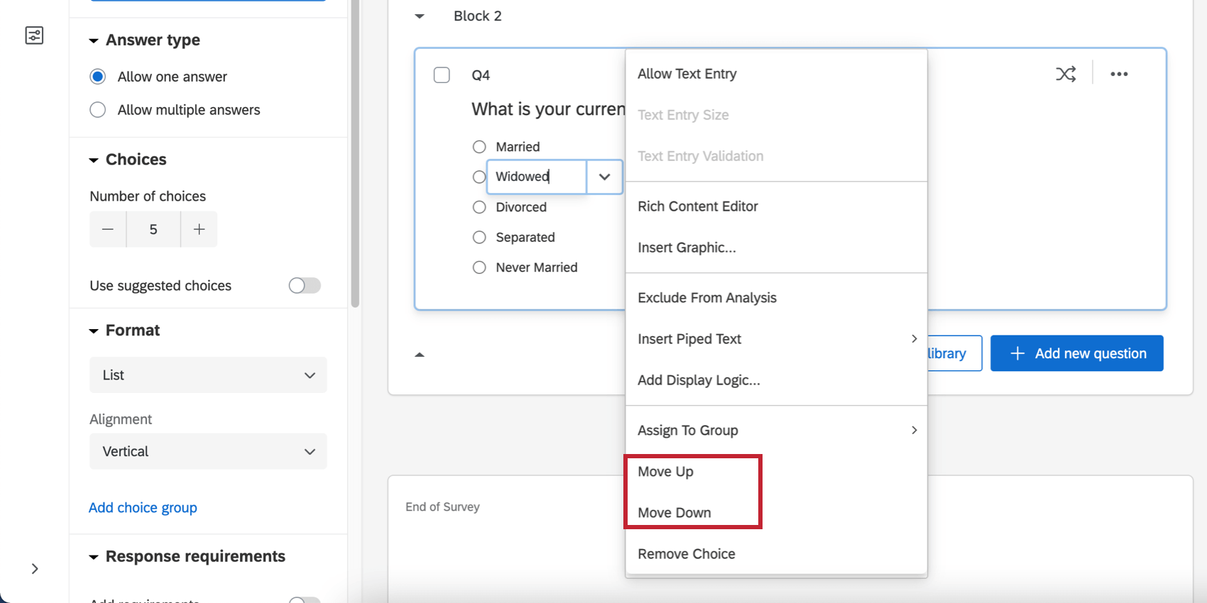 Dropdown arrow next to a question choice reveals menu
