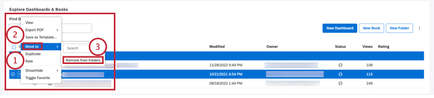 Select the item and expand the actions menu next to the item. Select Move to. Select Remove from Folders.