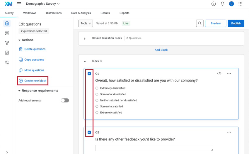 Check marks on the left side where the blocks are selected allow you to select questions and move them to a new block