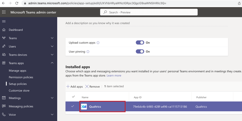 in the admin view in ms teams, verifying the Qualtrics app is installed