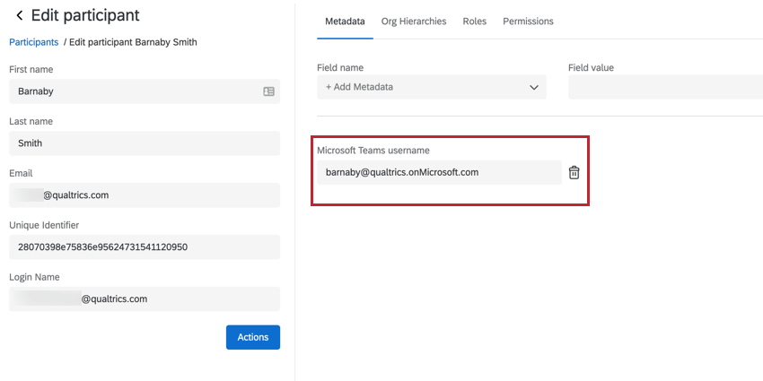 la finestra delle informazioni sul partecipante che mostra un campo di metadata dellaccount di microsoft teams