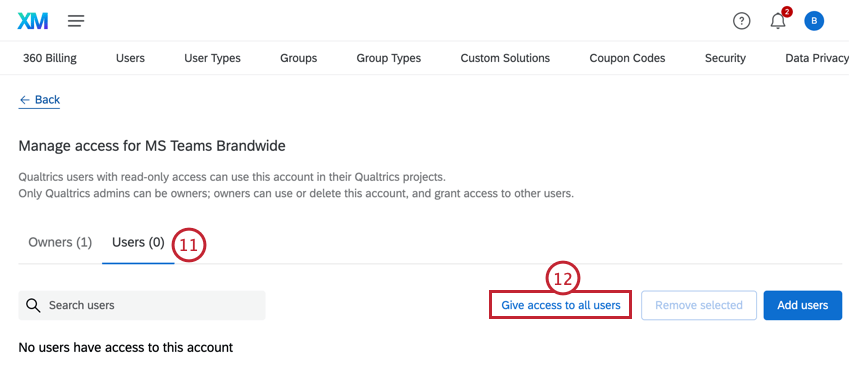 selecting "give access to all users"