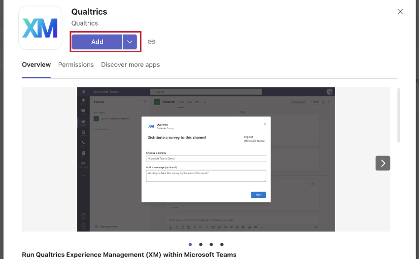 Como usuario, descargar la aplicación qualtrics en MS Teams