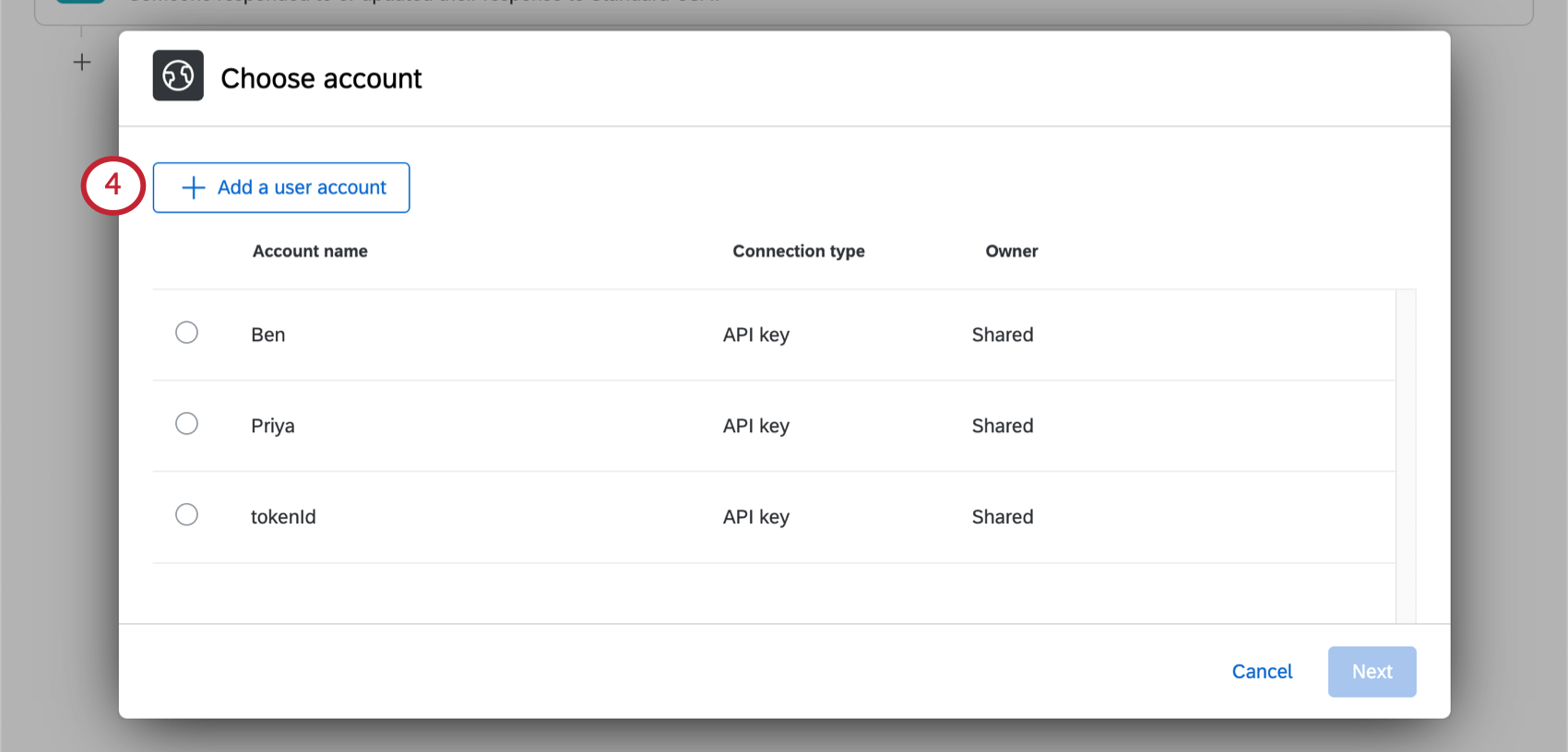 Button for adding user accounts in upper-left of next page of window