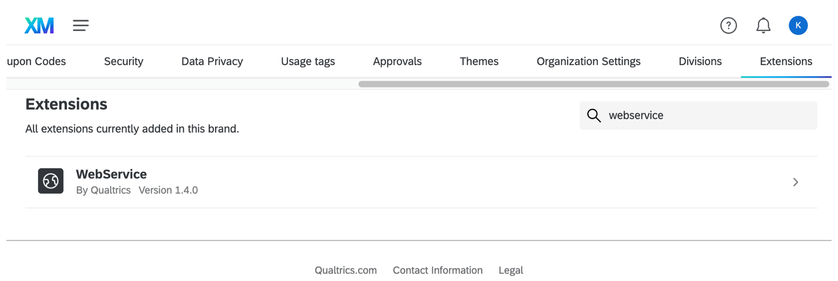 Mostrar la extensión del servicio web en la pestaña de extensiones de la página de administración
