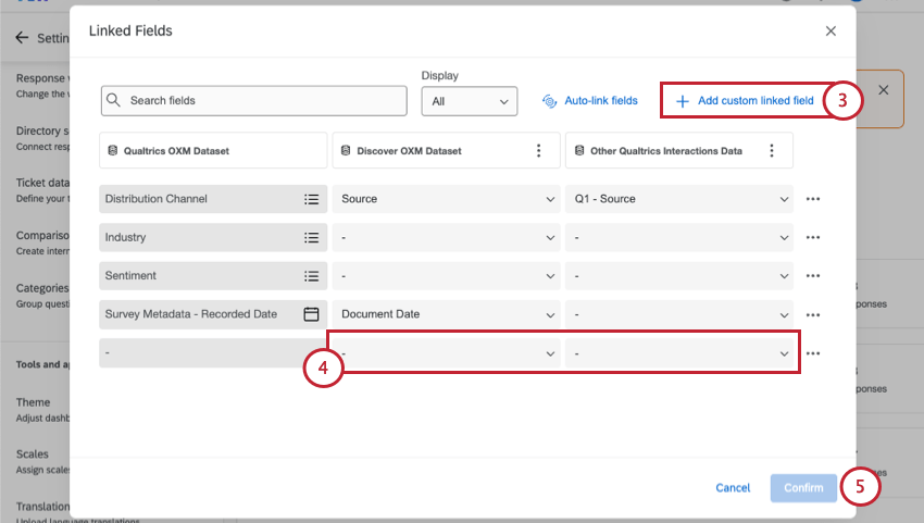 at top of linked fields window, above the 3 columns of datasets, is a custom linked field button