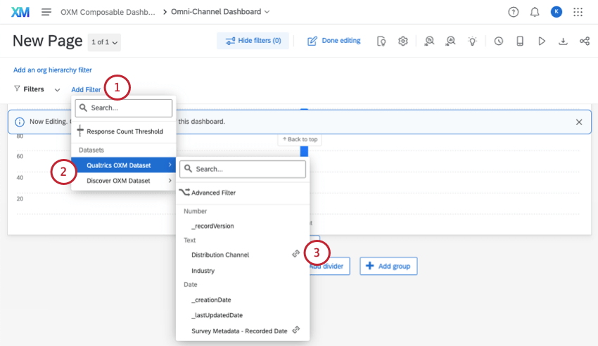 adicionar um filtro a um dashboard, garantindo que você passe o mouse sobre um conjunto de dados para ver os campos filtráveis disponíveis