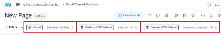 filter am Anfang eines Datensatzes. Aufgeteilt in die Kategorien Verknüpft, QUALTRICS-Datensatz und Discover-Datensatz, damit klar ist, worauf sich jeder Filter auswirkt