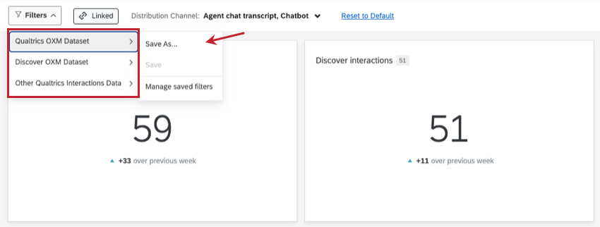 when you click filters, hover over a dataset before you can select save as, save, or manage saved filters