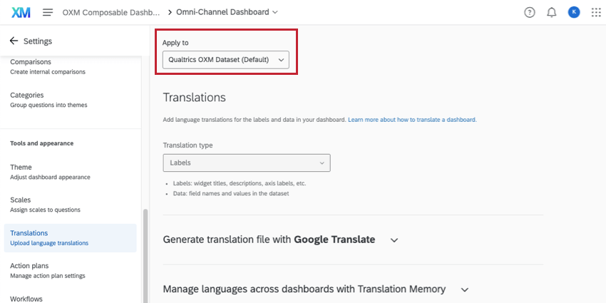 En la parte superior de la página de traducciones, hay un menú que dice aplicar a y luego muestra un conjunto de datos seleccionado específico.