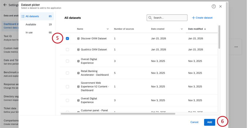 Nuevo modal donde seleccionas un conjunto de datos