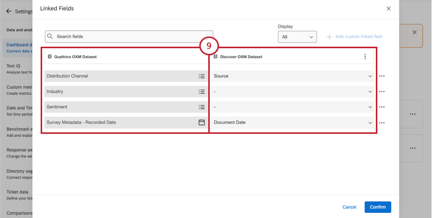 columns of the linked field editor