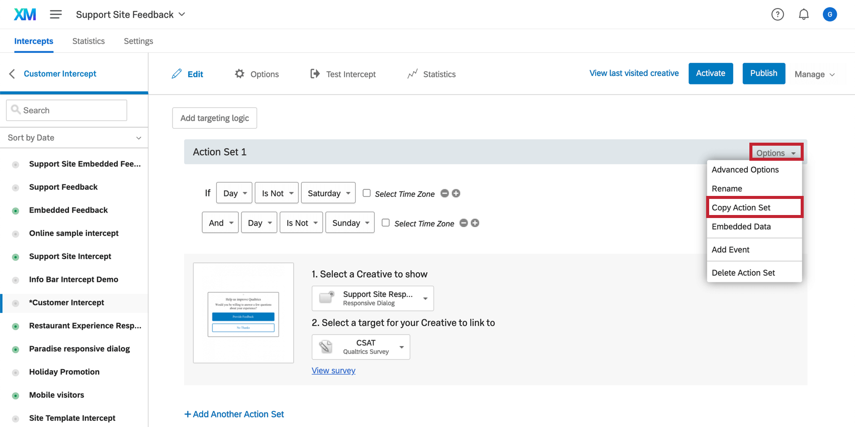 Copier un ensemble dactions dans le menu des options