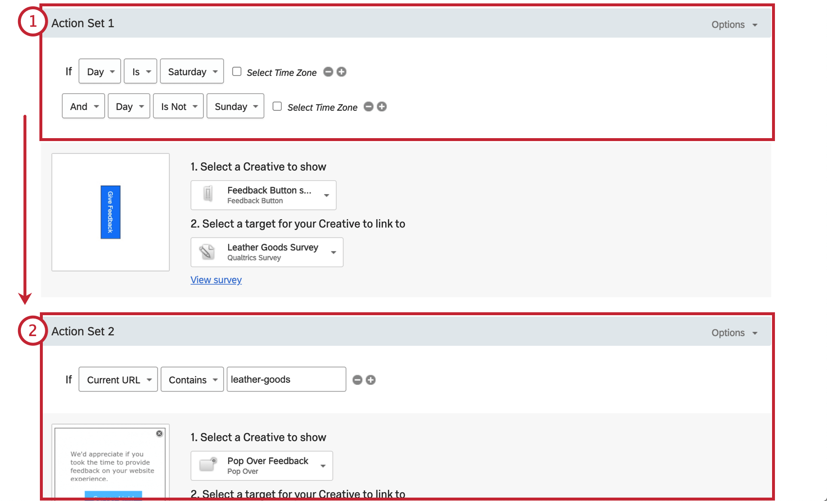 Um Action Set numerado como 1. Uma seta indica que, quando essa condição for considerada, se for rejeitada, passaremos para o segundo Action Set