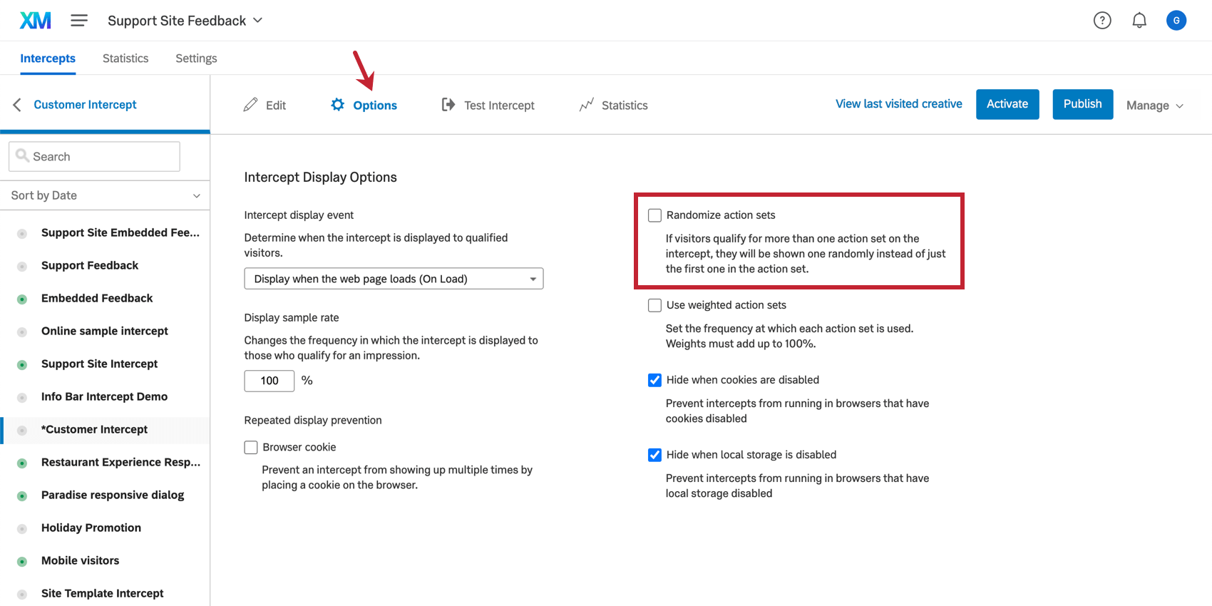 Générateur de randomisation de lensemble dactions dans la section Options de lintercept