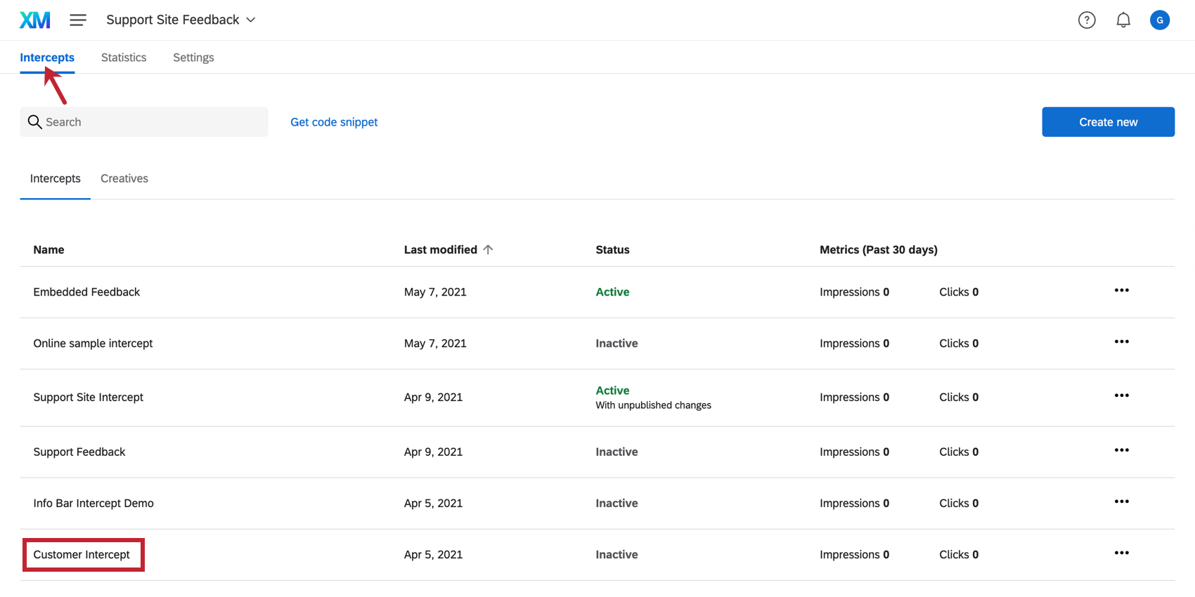 Merging intercepts; Intercepts page is shown with the Customer Intercept highlighted