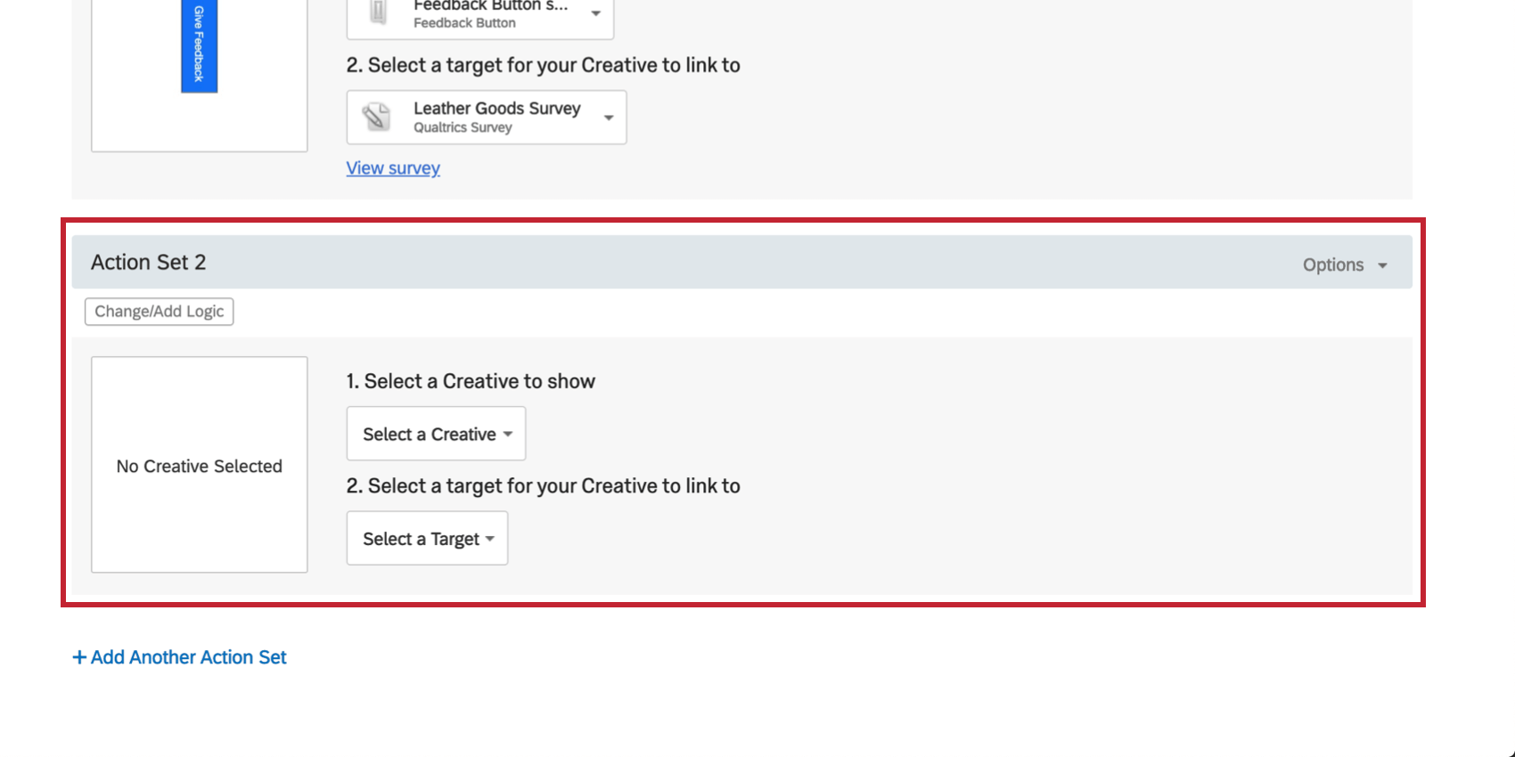 Second action set with its own fields for Creative and Target