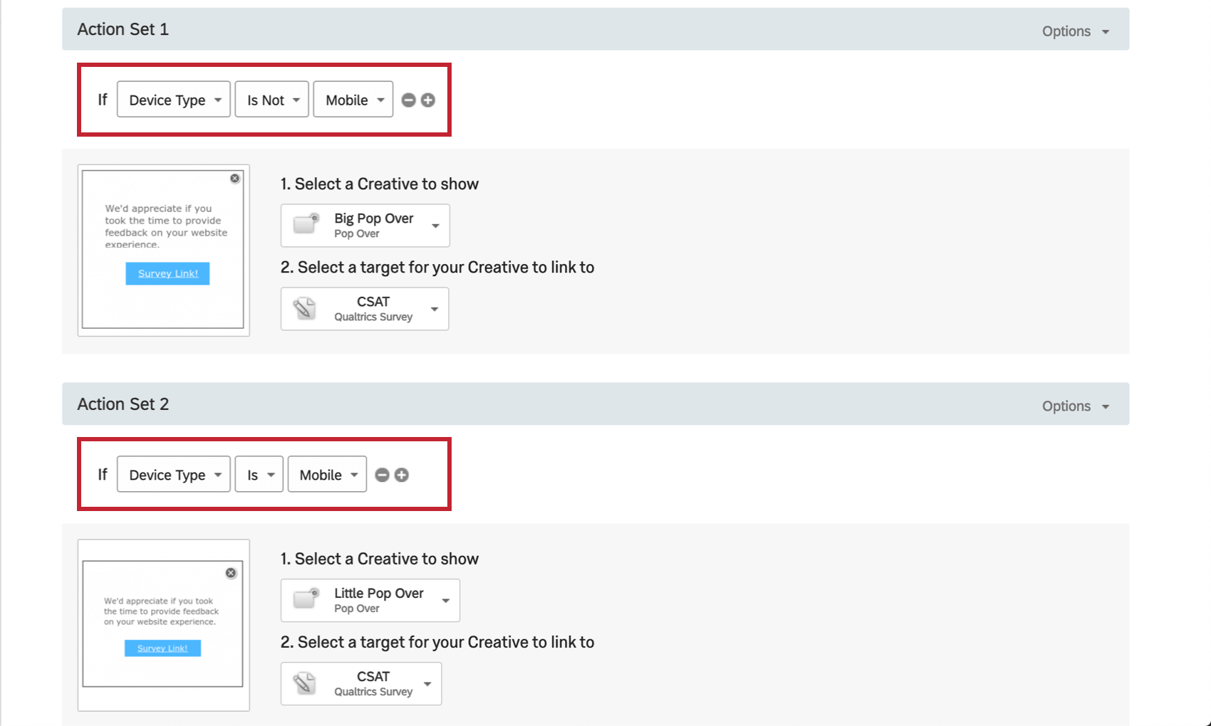 Aktionssatz 1 hat ein größeres Creative und sagt, dass der IF-Gerätetyp nicht mobil ist. Der zweite Aktionssatz hat ein kleineres Creative und gibt an, ob der Gerätetyp "Mobil" ist.
